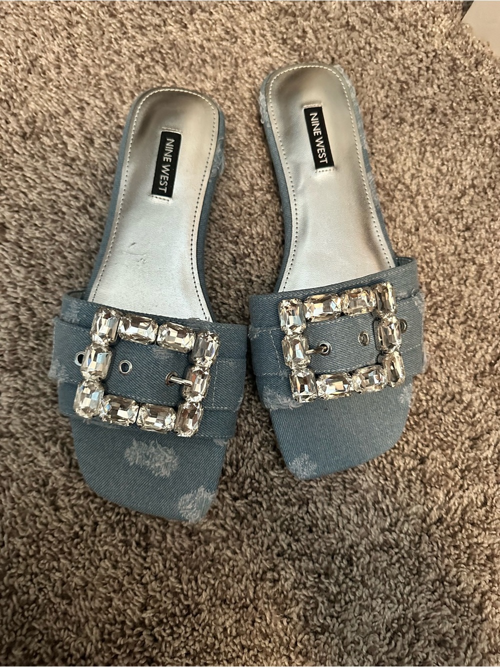 Nine West Denim Slide Mules with Crystal Buckle